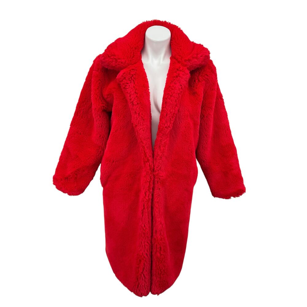 Azalea Wang Dayanne Long Jacket Women SZ M Red Faux Fur Plush Glam Luxe Cocktail